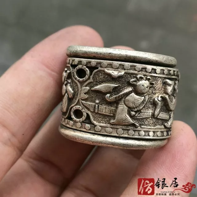 Exquisite Old Chinese tibet silver handcarved character Pull finge Ring statue 3 3