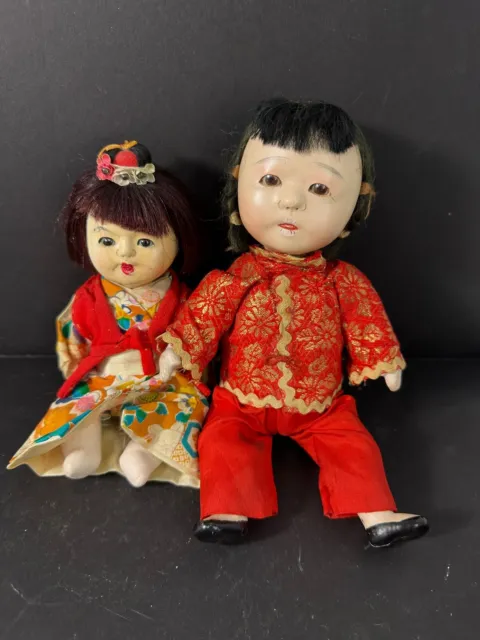 2 Vintage Composition Japanese Ichimatsu Gofun Girl Dolls DAMAGE LOOK