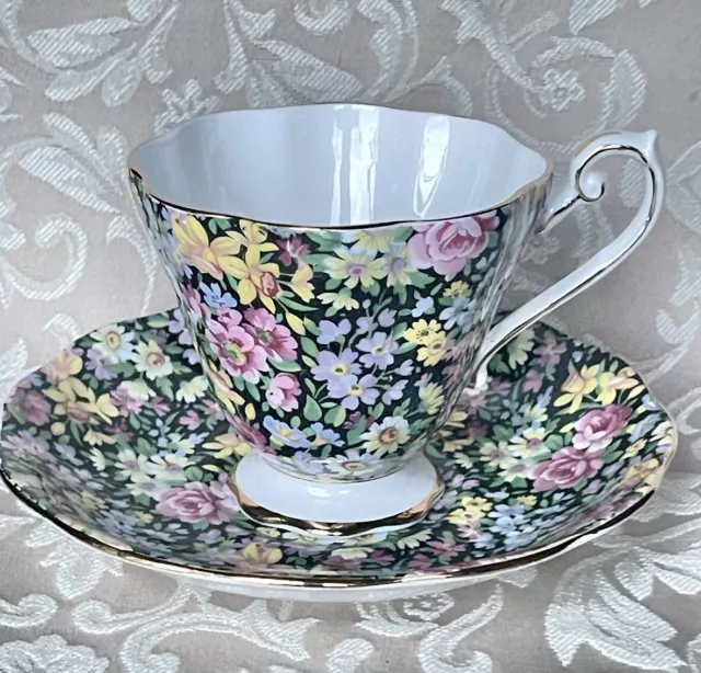 Vintage Royal Standard  Black With Colorful Floral Chintz Cup-saucer England