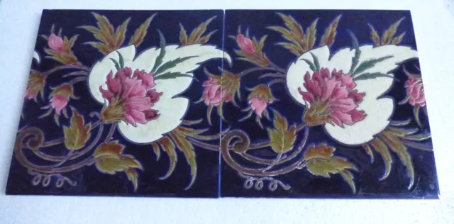 RARE Set Beautiful Flowers Longwy style -  Art Nouveau 2 Tile Jugendstil Fiese 3