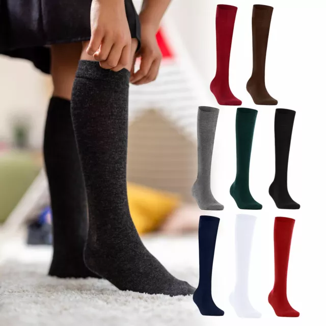 Up to 12 Pair Girls Plain Knee High Cotton Stretchy School Uniform Socks New LOT