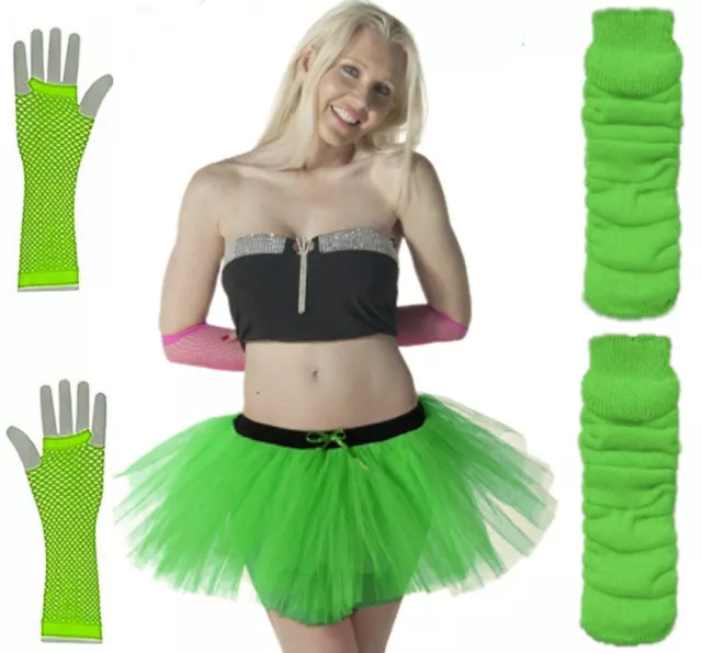 New Neon Tutu Skirt Fancy Dress Set 3Pc Legwarmers Fishnet Gloves 80'S Hen Party 3