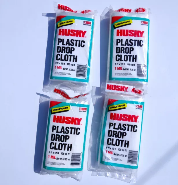 Lot of 4 Husky Plastic Drop Cloths, 9 X 12 Ft, 1 Mil Thick Made in USA, NOS