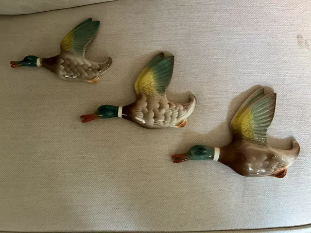 Vintage Keele Street Pottery ? Flying Mallard Ducks Wall Plaques x 3 2 Repaired