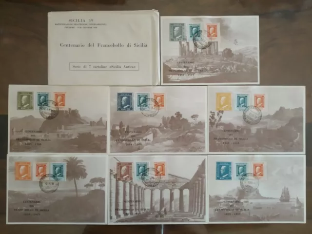 Centenario del Francobollo di Sicilia serie di 7 cartoline "Sicilia Antica" FDC