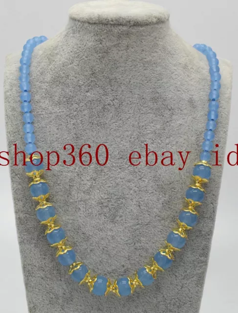 Natural 6+10mm Natural Blue Chalcedony Round Gemstone Necklace 18'' AAA