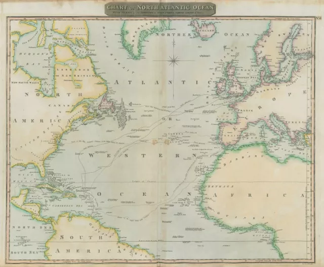 "North Atlantic Ocean" showing Nelson's & trade routes. THOMSON 1817 old map