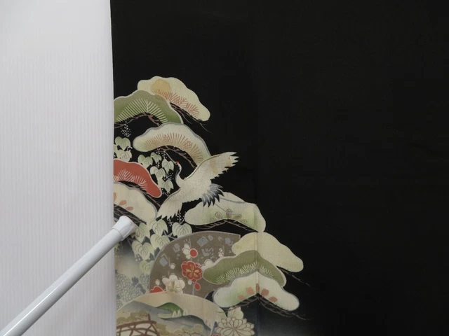 0907T04z530 Vintage Japanese Kimono Silk TOMESODE Black Flowers 10
