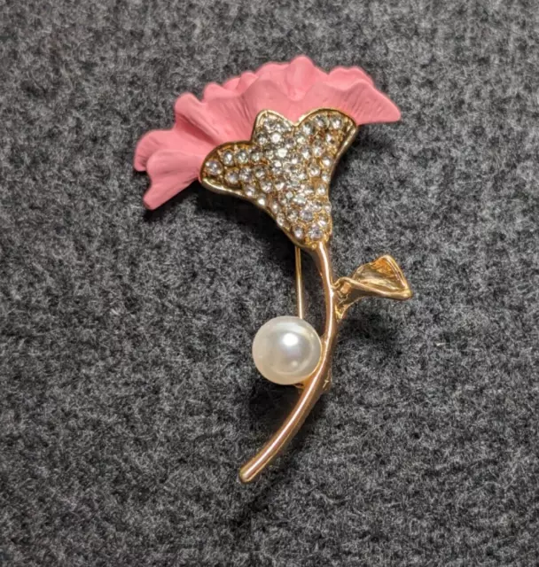 WOMEN'S FLOWER LAPEL Brooch Pin - Crystal Rhinestone - Pink - Gold Tone ...