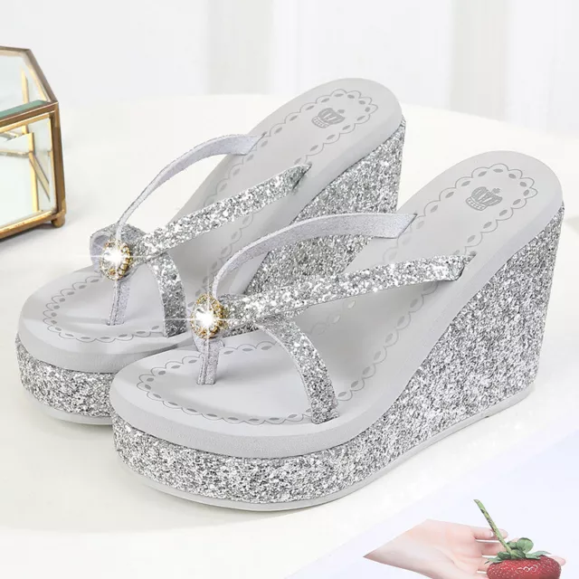 Womens Sequin Rhinestone Flip Flops Sandals Slippers Platform Beach Summer Shoes