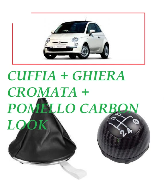 Car Passion Cuffia Leva Cambio Manuale + Pomello + Ghiera Cromata Interna e Esterna Telaio Compatibile con Fiat 500 2007> Cuciture Nere 5 Marce Set Completo Ricambio Auto (Cuffia + pomello Carbonio