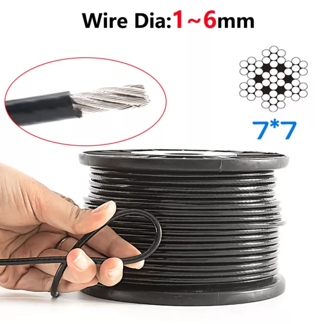 Black PVC Coated Stainless Steel Wire Rope Cable Rigging 1mm 2mm 3mm 4mm 5mm 6mm