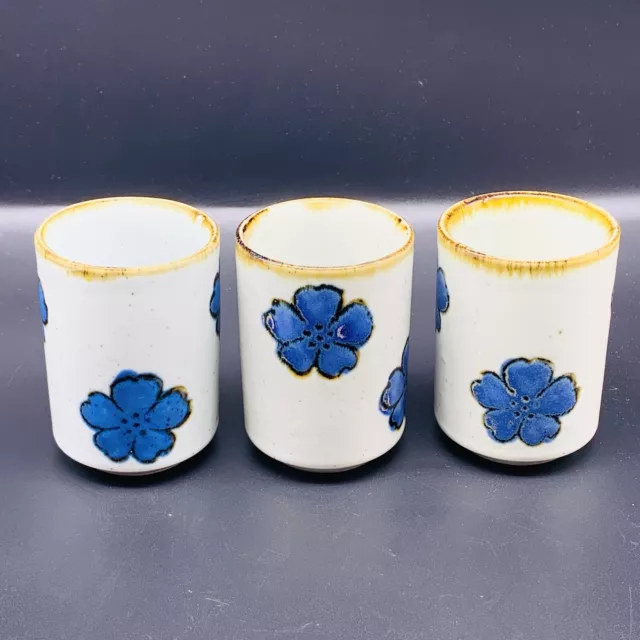 Set of 2 Art Pottery Blue Flower Shot Glasses 3.25”T 2.25”W