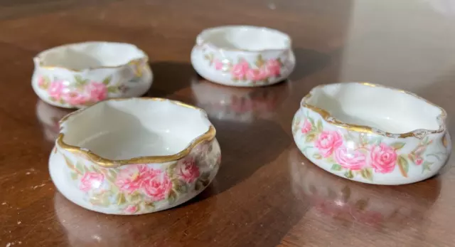 Set of 4 Antique Belleek Porcelain  Salt Cellars Pink Roses