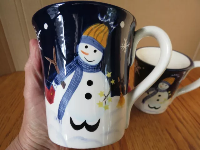 Snowman Coffee Mugs Blue Winter Snowflakes Set of 2 World Market 14 oz