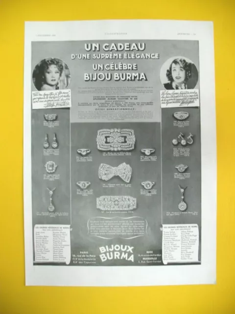 Publicite De Presse Burma Bijou Actrice Et Chanteuse Feuilleres Mistinguett 1938