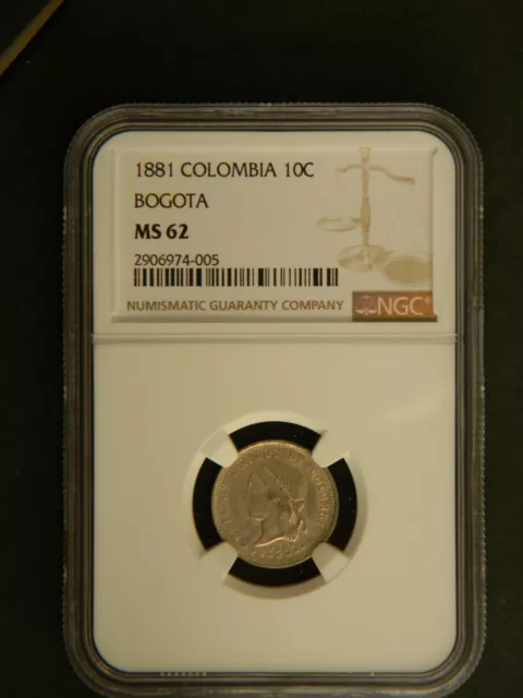 Colombia 10 centavos 1881; K-175.1; uncirculated: NGC MS 62