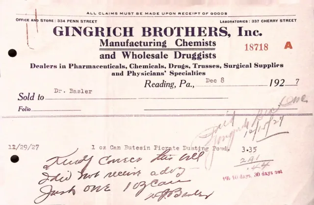 Gingrich Brothers Inc Chemists Druggists Reading PA 1927 Receipt Invoice Butesin