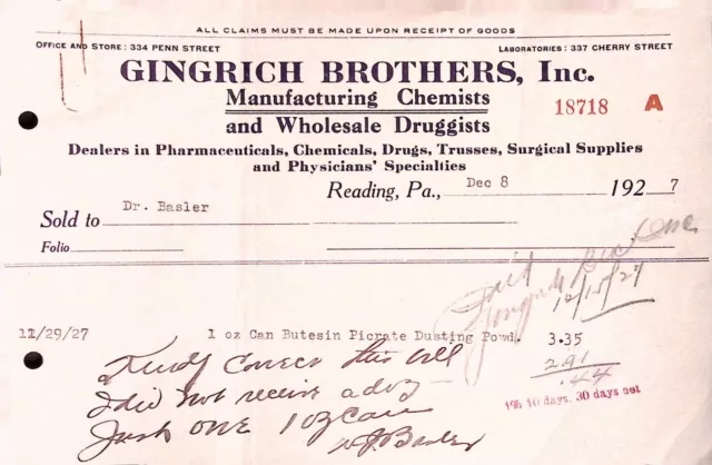 Gingrich Brothers Inc Chemists Druggists Reading PA 1927 Receipt Invoice Butesin