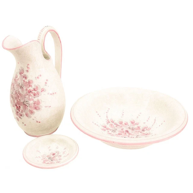 Tris set di ceramiche Rosa dipinte a mano Deruta per lavabi antichi in ferro