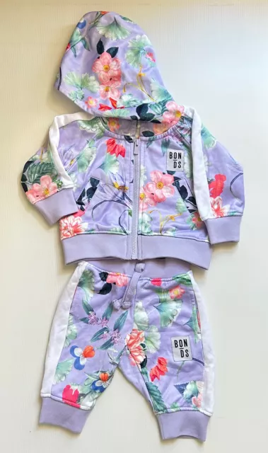 Baby Bonds Purple Floral Hoodie Jacket Pants Tracksuit Set Size 0-3 Months EUC