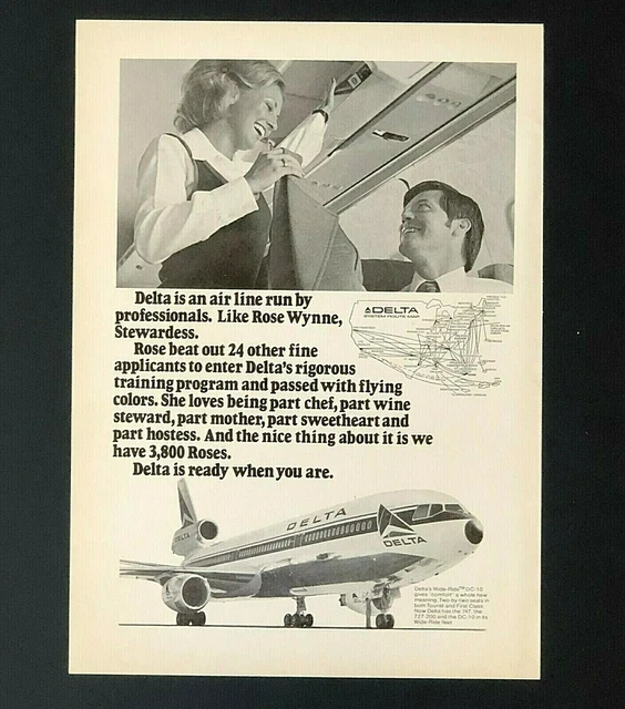 1973 DELTA AIRLINES Advertisement Professional Stewardess Rose DC10 Vtg ...
