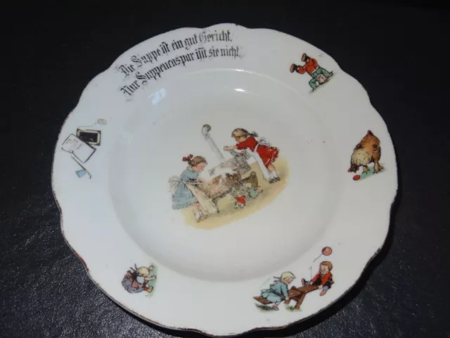 alter Kinder Teller Suppenteller Porzellan Bilder Sinnspruch Spruch um 1900