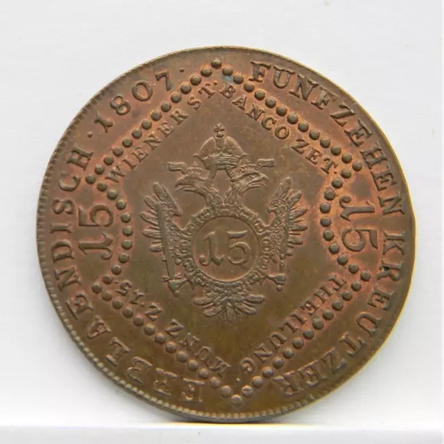 AUSTRIA, Empire Franz II era large 1807A copper 15 Kreuzer; rare UNC red-brown
