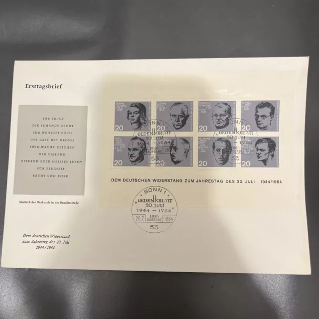 BRD Schmuck FDC Widerstand Block #3 - Sonderstempel Bonn 20.04.1964 - J501