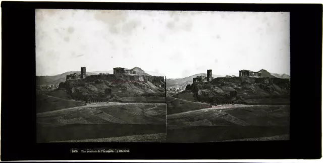 GRECE Athènes, Vue générale de l'Acropole FERRIER Plaque de verre stéréo 1857