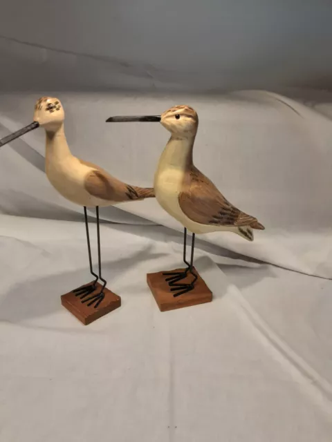 2 Wooden Carved Sandpiper Hand Carved Shorebird Maine 7.5" x 5.5"