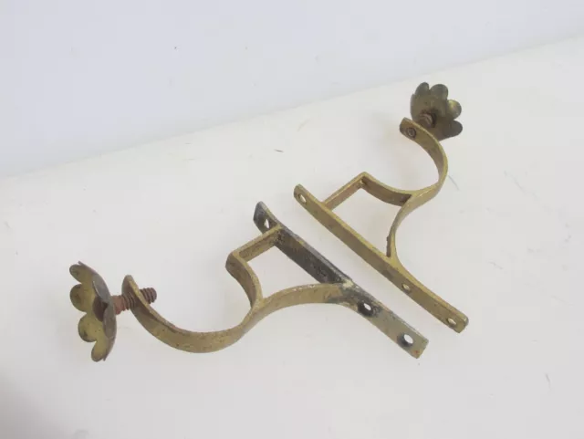 Small Antique Brass Curtain Pole Holders Brackets Old Hangers Hooks Vintage 2.5"