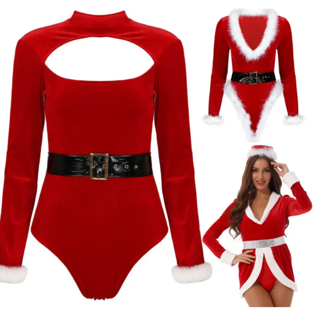 Christmas Women's Sexy Lingerie Santa Fancy Bodysuit Cosplay Long Sleeve Leotard
