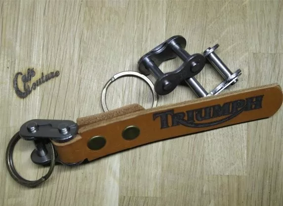 TRIUMPH - Tan Leather & Chain Split Link Keyring - Cafe Racer - Motorcycle -Gift