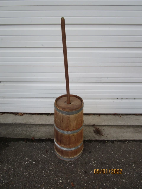 Antique Wooden Barrel Butter Churn with Lid and Metal Bands