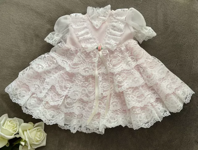 Vtg Ruffle Lace Full Circle Dress 2T Tier Pageant Party Girls Pink Doll 70s 80s