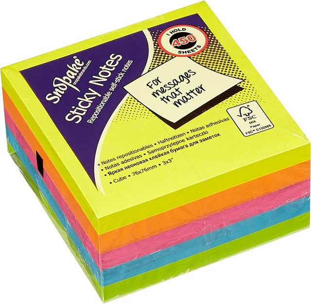 Snopake 76x76 mm Note appiccicose assortite al neon [cubo di 450 fogli] 11702,