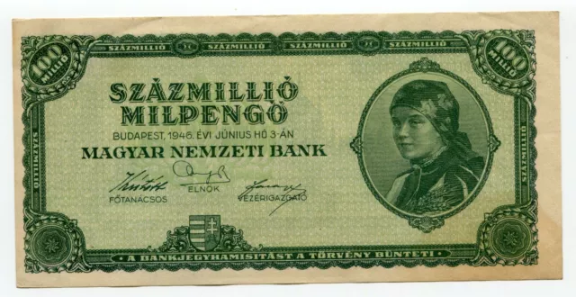 Hungary 1946 100 Million Mil Pengo Currency VF Banknote = 100 Trillion Pengo