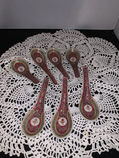 Vintage Mun Shou Longevity Jingdezhen Famille Rose Soup Spoons Lot Of 7