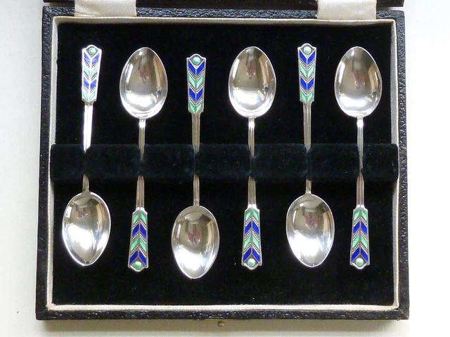 6 Art Deco Sterlingsilber Kaffeelöffel mit Emaille, Birmingham 1935, im Etui
