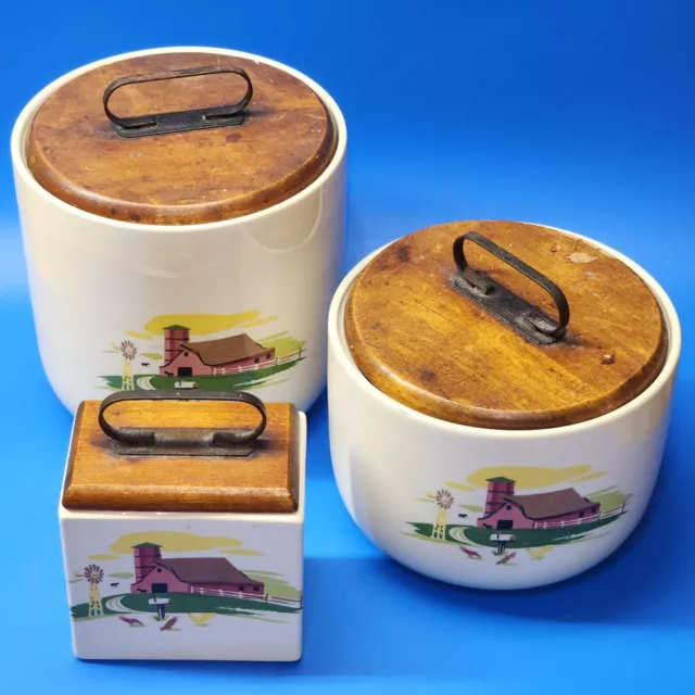 Vintage BAUER POTTERY CANISTERS - Rustic Farm Barn Scene & Wood Lid - Set Of 3