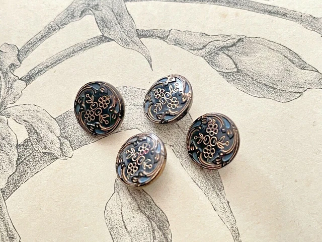 4 petits boutons anciens en verre noir et doré décor fleurs- Collection