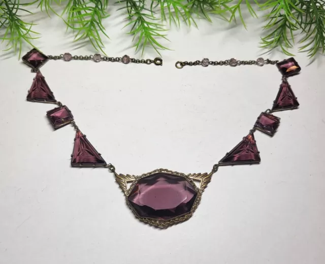 Antique Art Deco Amethyst Czech Carved Glass Necklace Stunning Rare