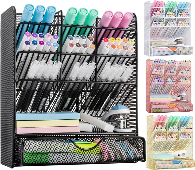 Metal Pen Organizer, Pencil Holder for Desk, Desk Organizer with Drawer for Scho