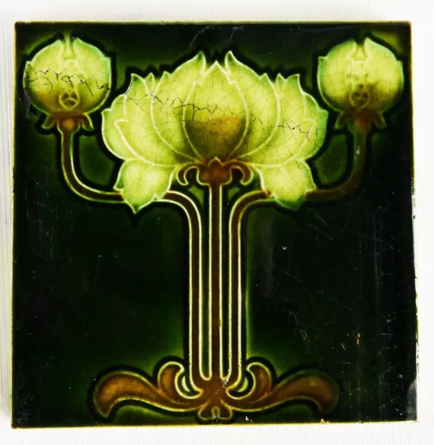 Good Original Antique Art Nouveau Stylised Raised Relief Ceramic Tile
