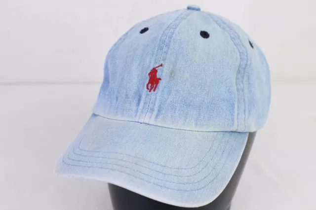VTG Polo Ralph Lauren Denim Chambray Hat Cap Light Blue Strap Back Red Pony