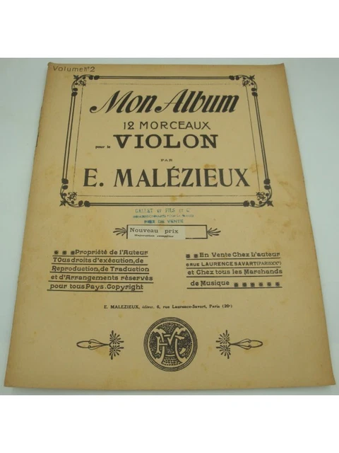 E. MALÉZIEUX mon album volume 2 - 12 morceaux pour le violon 1921 Partition