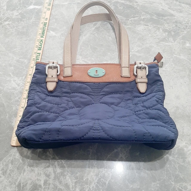 Fossil Key-Per Blue Quilted Crossbody Bag W/Brown Leather Trim Nice Handbag
