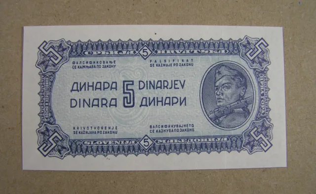 Yugoslavia 5 Dinara Banknote 1944, P-49b Thin vertical security thread Crisp UNC