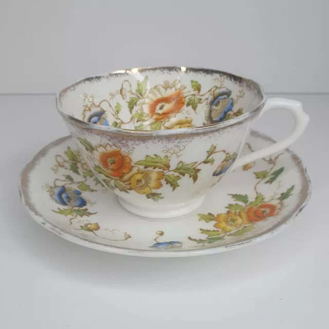 Royal Albert Crown China Tea Cup  Floral Poppy Cup & Saucer Pattern 7729 Antique
